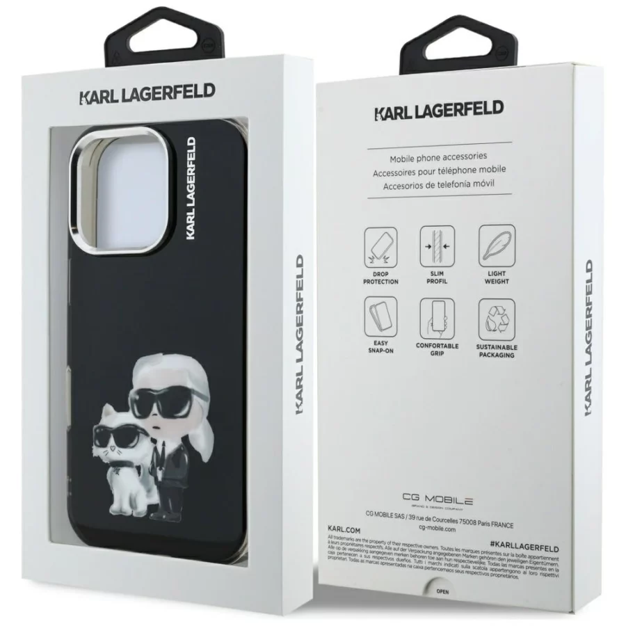 Etui Karl Lagerfeld IML Aquarelle Karl & Choupette & Logo na iPhone 16 Pro czarne