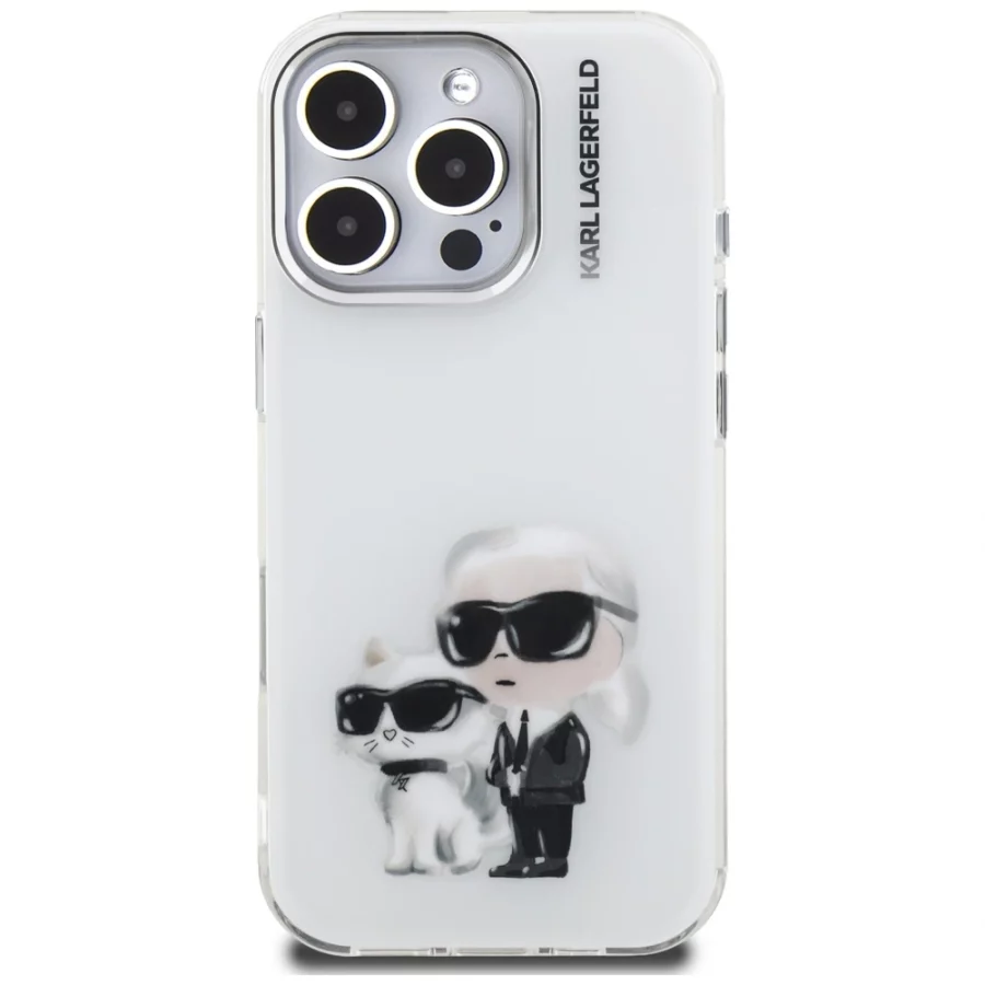 Etui Karl Lagerfeld IML Aquarelle Karl & Choupette & Logo na iPhone 16 Pro Max - białe
