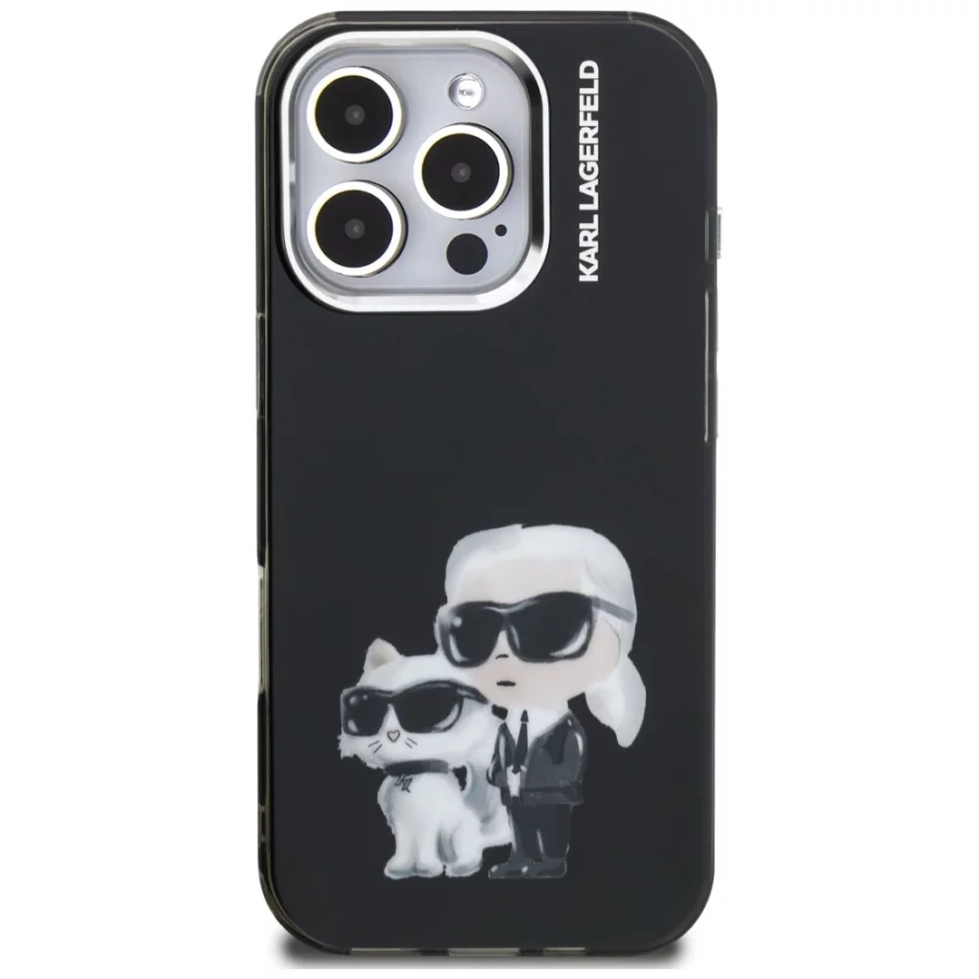 Etui Karl Lagerfeld IML Aquarelle Karl & Choupette & Logo na iPhone 16 Pro Max - czarne