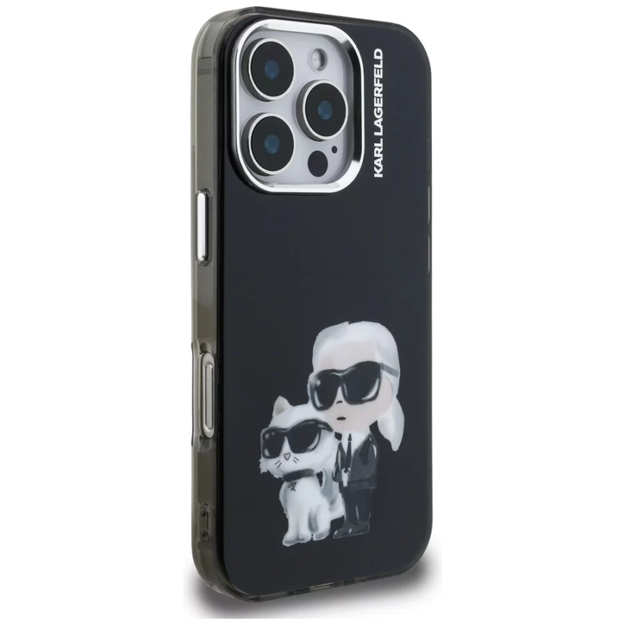 Etui Karl Lagerfeld IML Aquarelle Karl & Choupette & Logo na iPhone 16 Pro Max - czarne