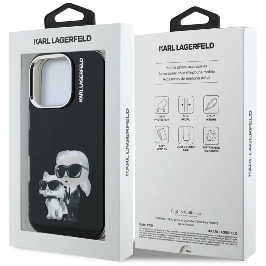 Etui Karl Lagerfeld IML Aquarelle Karl & Choupette & Logo na iPhone 16 Pro Max - czarne