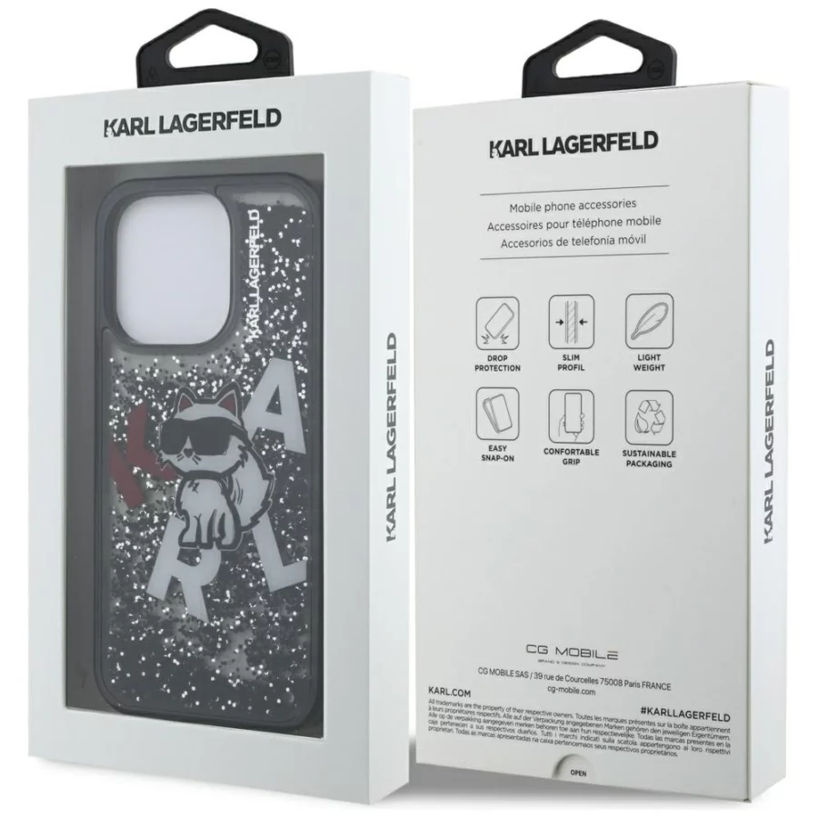Etui Karl Lagerfeld Liquid Glitter Choupette Logo na iPhone 16 Pro Max - czarne