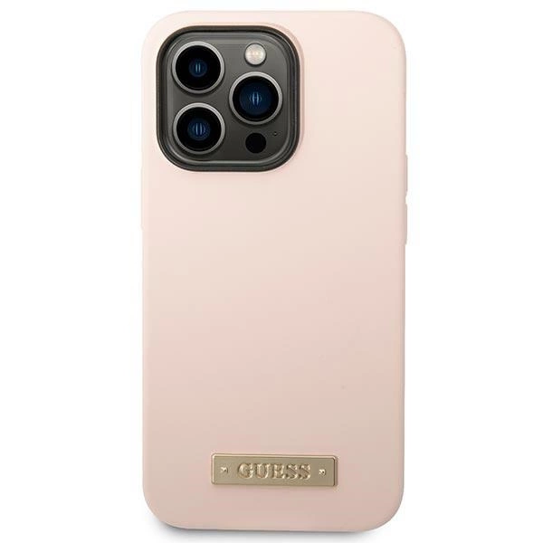 Etui Guess Silicone Logo Plate MagSafe na iPhone 14 Pro - różowe