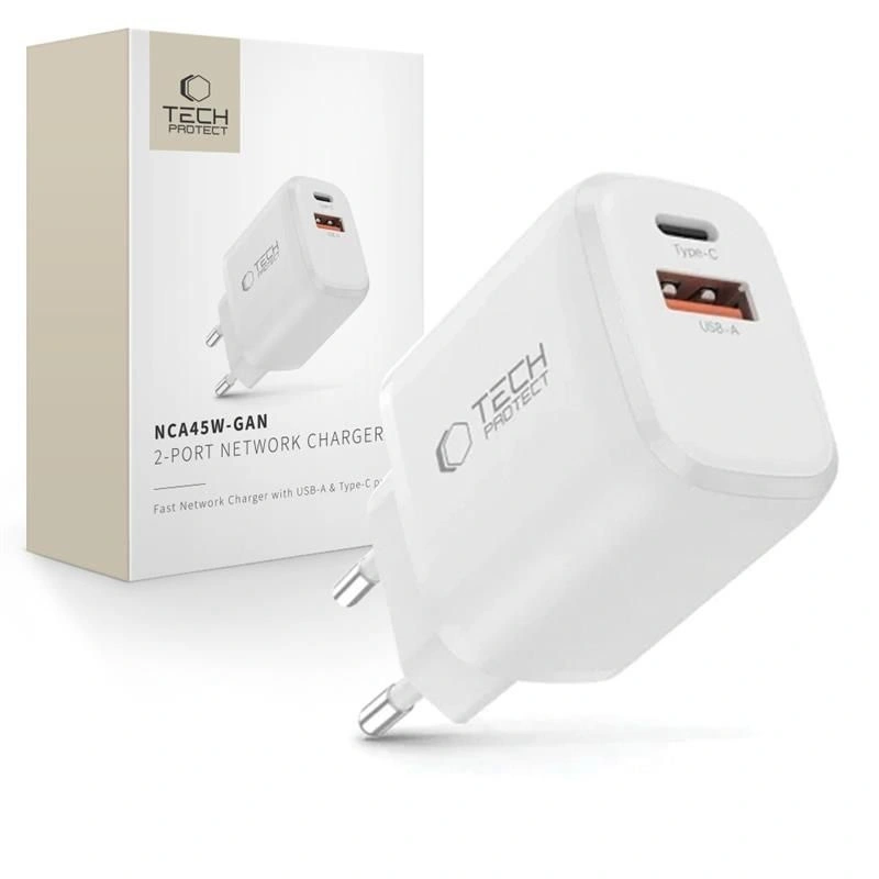 Ładowarka sieciowa Tech-Protect NCA45W-GAN 2-Porty USB-C / USB-A 45W - biała