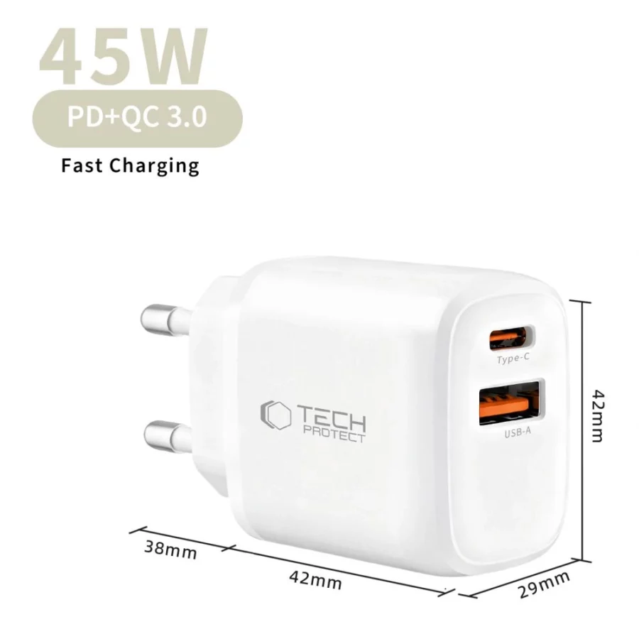 Ładowarka sieciowa Tech-Protect NCA45W-GAN 2-Porty USB-C / USB-A 45W - biała