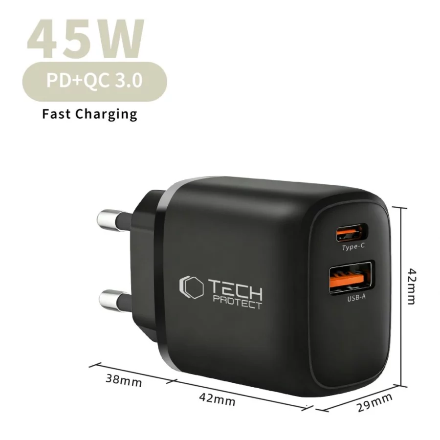 Ładowarka sieciowa Tech-Protect NCA45W-GAN 2-Porty USB-C / USB-A 45W - czarna