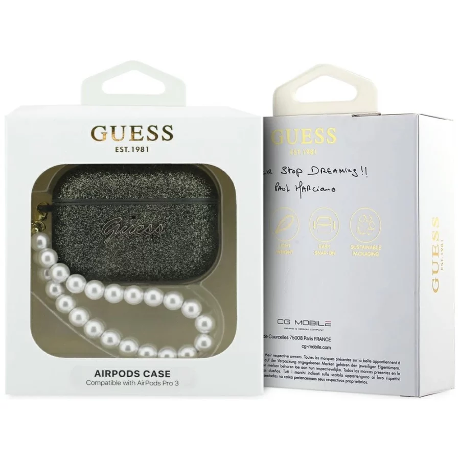 Etui Guess Glitter Pearl Strap na AirPods Pro 3 - czarno-brokatowe