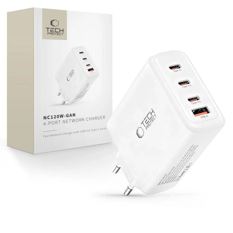 Ładowarka sieciowa Tech-Protect NC120W-GAN 4-Porty 120W - biała