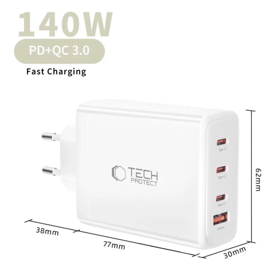 Ładowarka sieciowa Tech-Protect NC140W-GAN 4-Porty 140W - biała