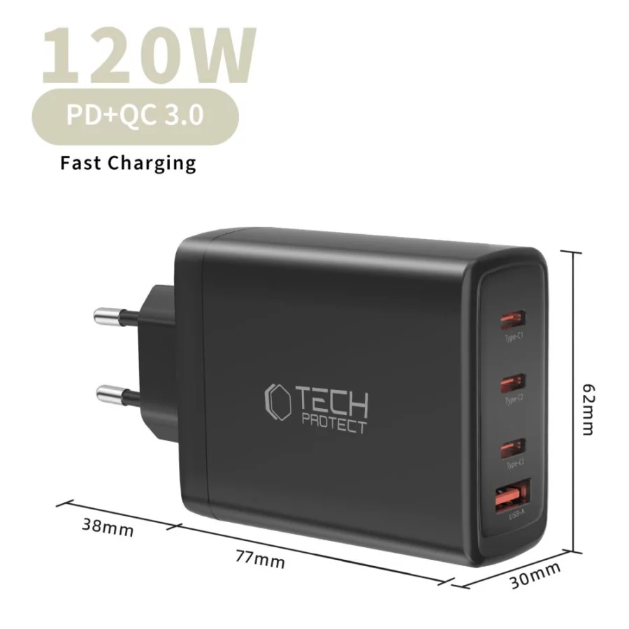 Ładowarka sieciowa Tech-Protect NC120W-GAN 4-Porty 120W - czarna