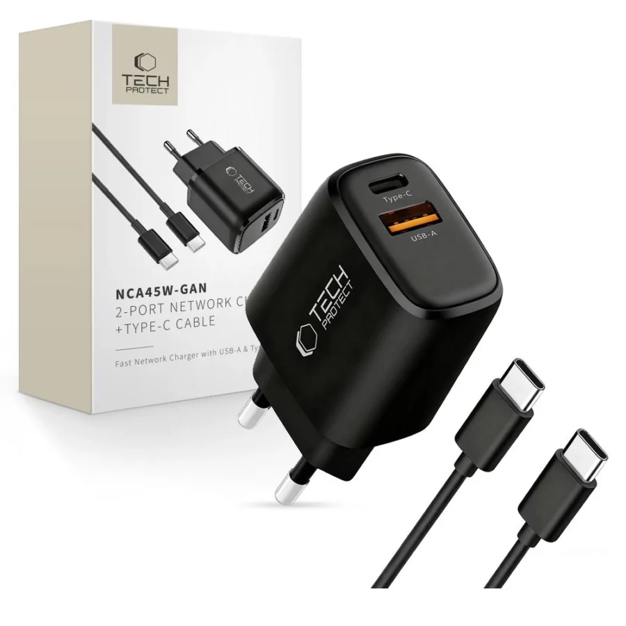 Ładowarka sieciowa Tech-Protect NCA45W-GAN 2-Porty 45W z kablem USB-C - czarna