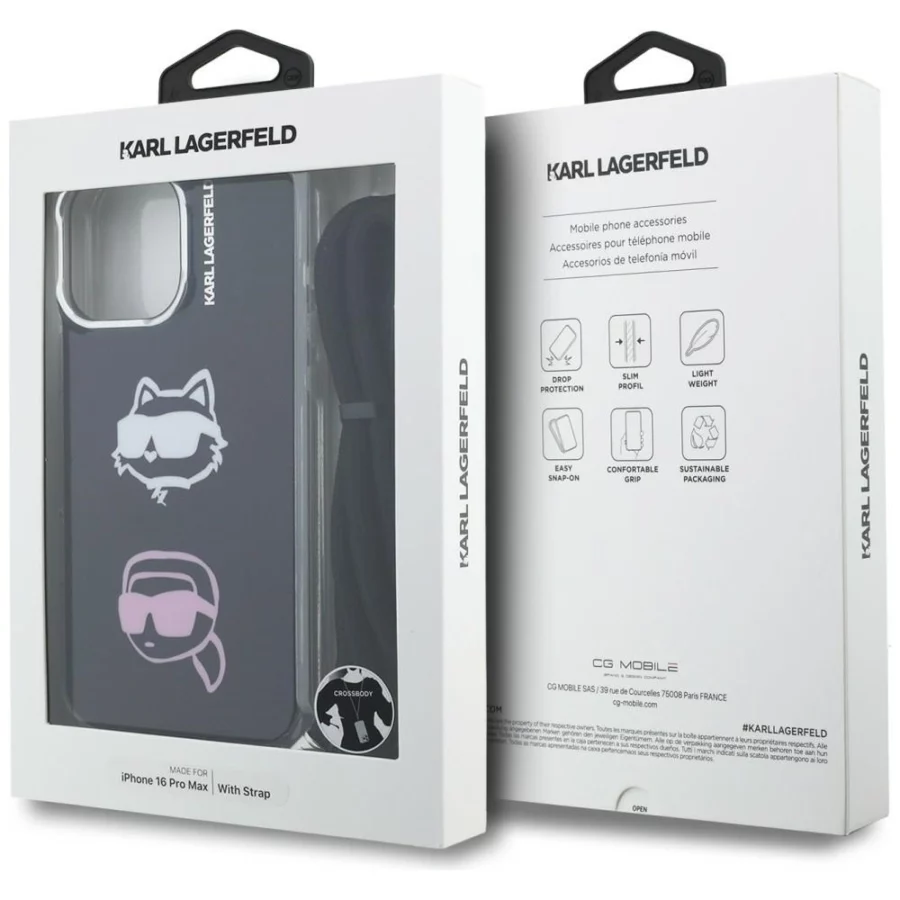 Etui Karl Lagerfeld IML Crossbody Karl&Choupette Head na iPhone 16 Pro Max - czarne
