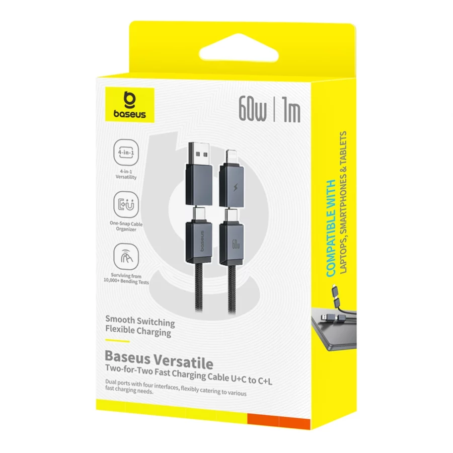 Kabel Baseus Versatile 60W USB-C - USB-C z adapterami USB-A i Lighting 1m - czarny