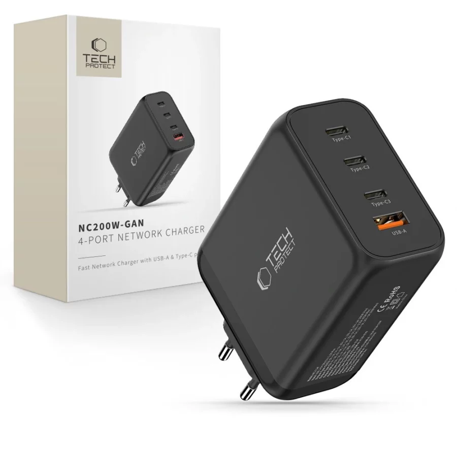 Ładowarka sieciowa Tech-Protect NC200W-GaN 4-Porty 200W - czarna