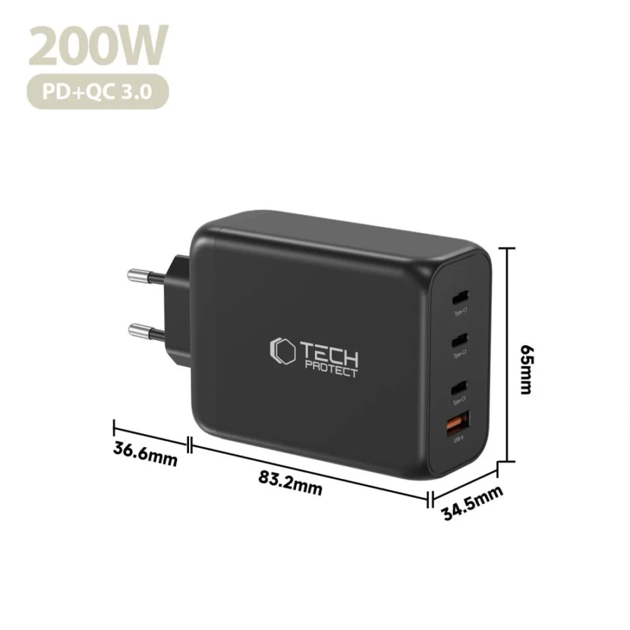 Ładowarka sieciowa Tech-Protect NC200W-GaN 4-Porty 200W - czarna