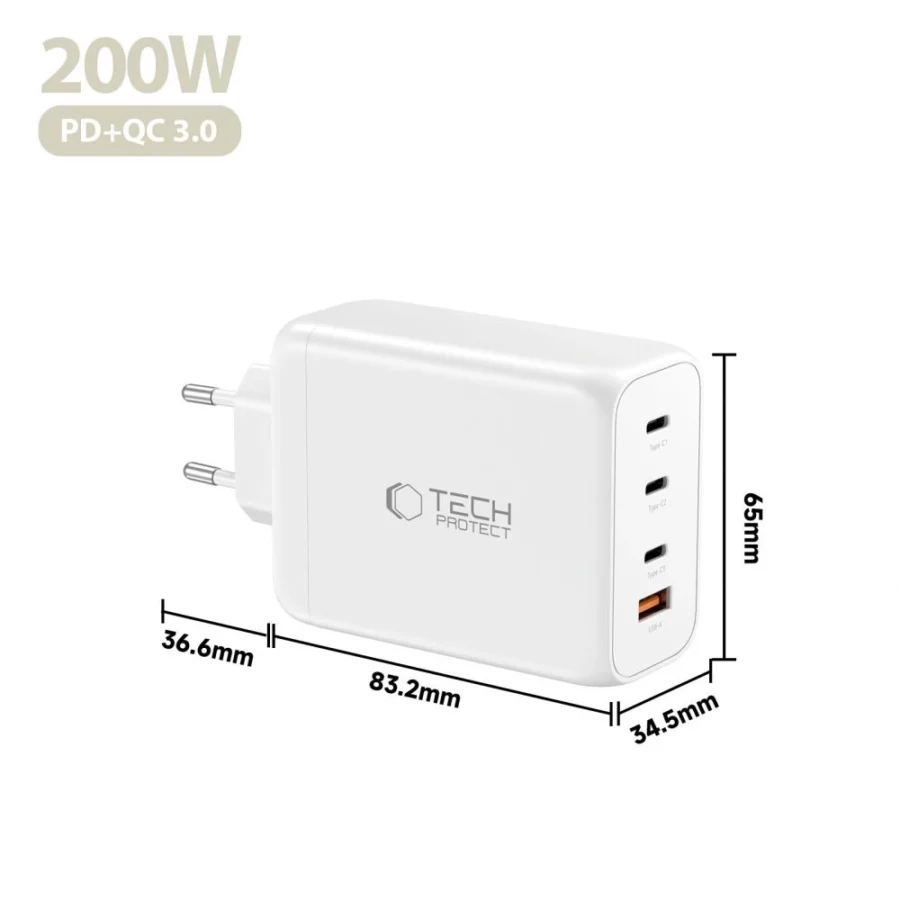 Ładowarka sieciowa Tech-Protect NC200W-GaN 4-Porty 200W - biała