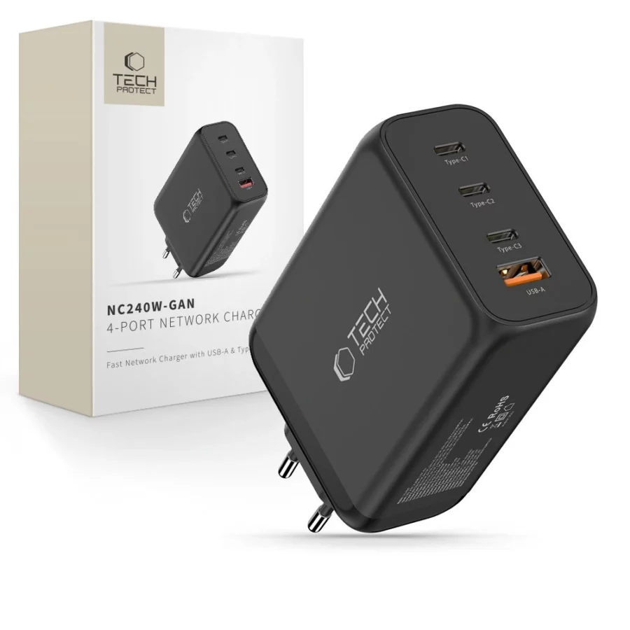 Ładowarka sieciowa Tech-Protect NC240W-GaN 4-Porty 240W - czarna