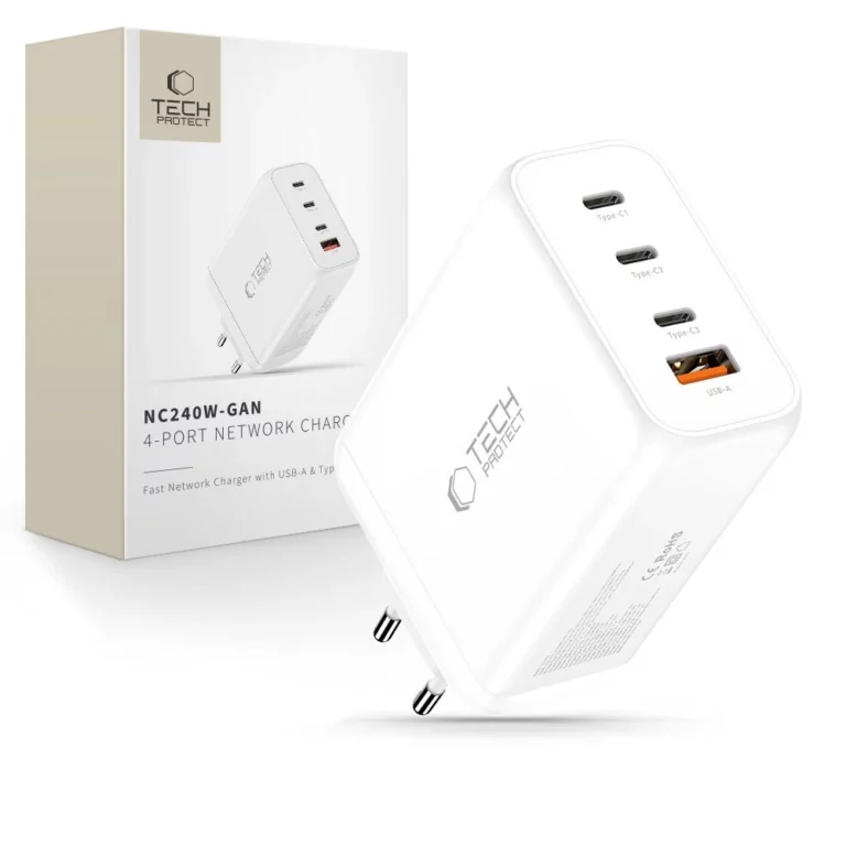 Ładowarka sieciowa Tech-Protect NC240W-GaN 4-Porty 240W - biała