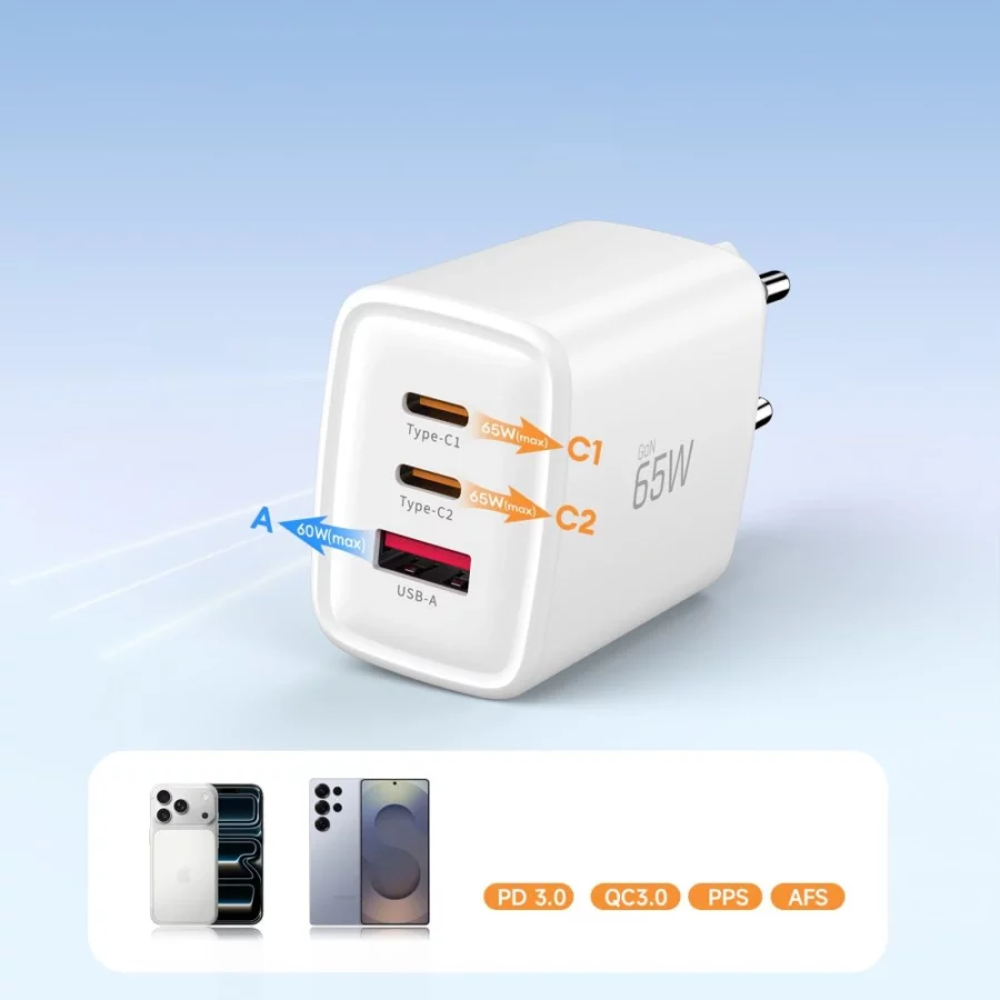 Ładowarka sieciowa Tech-Protect NCA65W-GAN 3-Porty 65W - biała