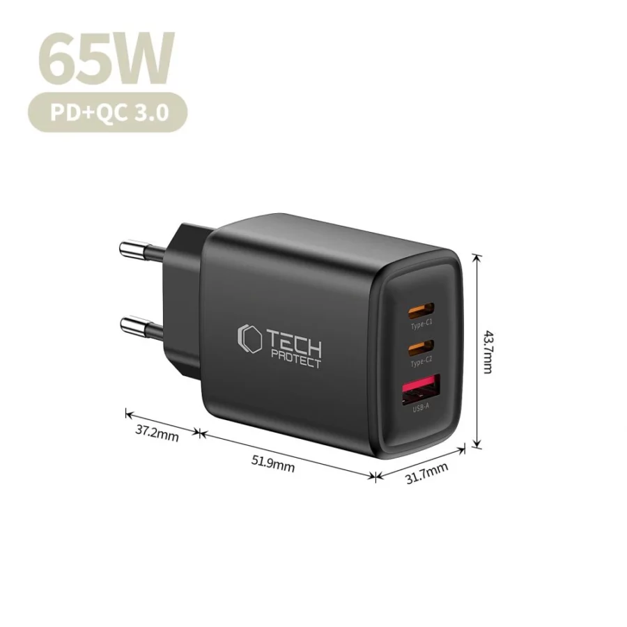 Ładowarka sieciowa Tech-Protect NCA65W-GAN 3-Porty 65W - czarna