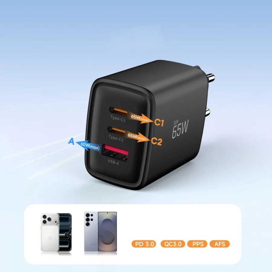 Ładowarka sieciowa Tech-Protect NCA65W-GAN 3-Porty 65W - czarna