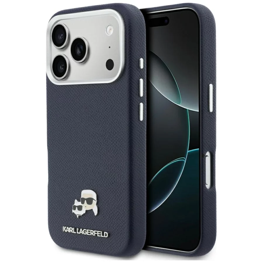 Etui Karl Lagerfeld Karl & Choupette Head Pins Saffiano MagSafe na iPhone 17 Pro Max - niebieskie