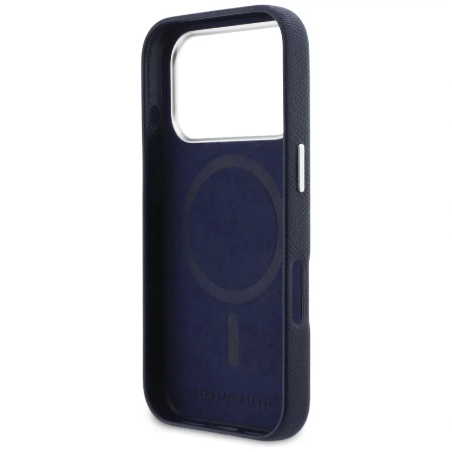 Etui Karl Lagerfeld Karl & Choupette Head Pins Saffiano MagSafe na iPhone 17 Pro Max - niebieskie