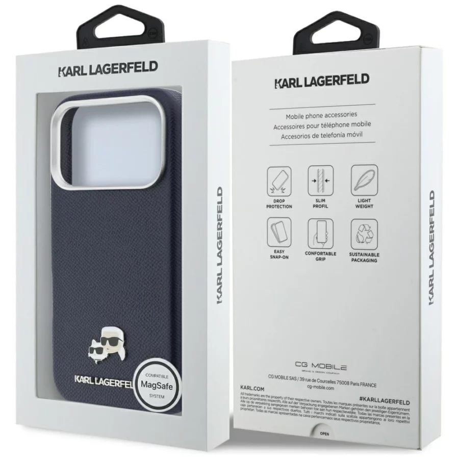 Etui Karl Lagerfeld Karl & Choupette Head Pins Saffiano MagSafe na iPhone 17 Pro Max - niebieskie