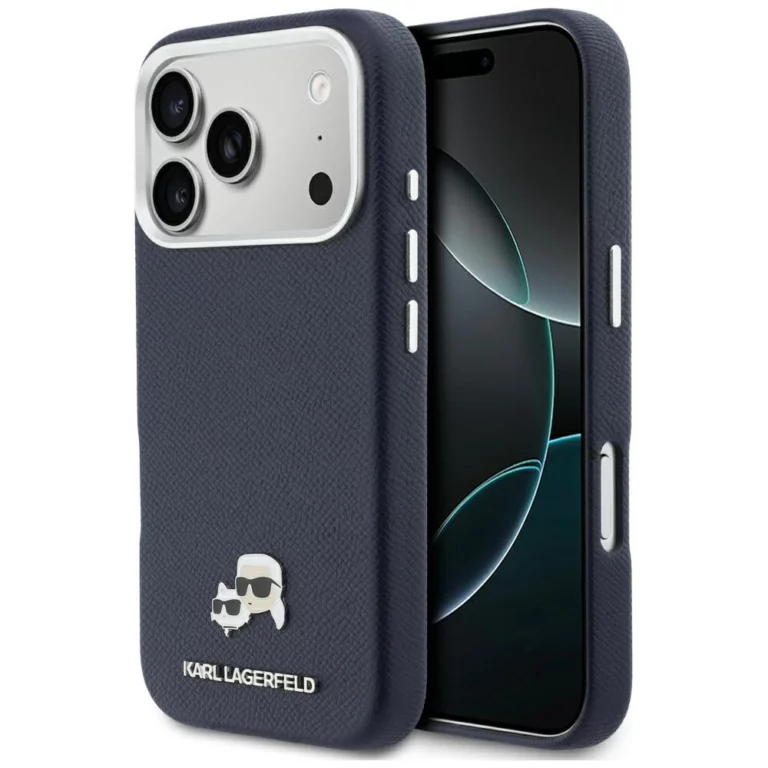Etui Karl Lagerfeld Karl & Choupette Head Pins Saffiano MagSafe na iPhone 17 Pro - niebieskie