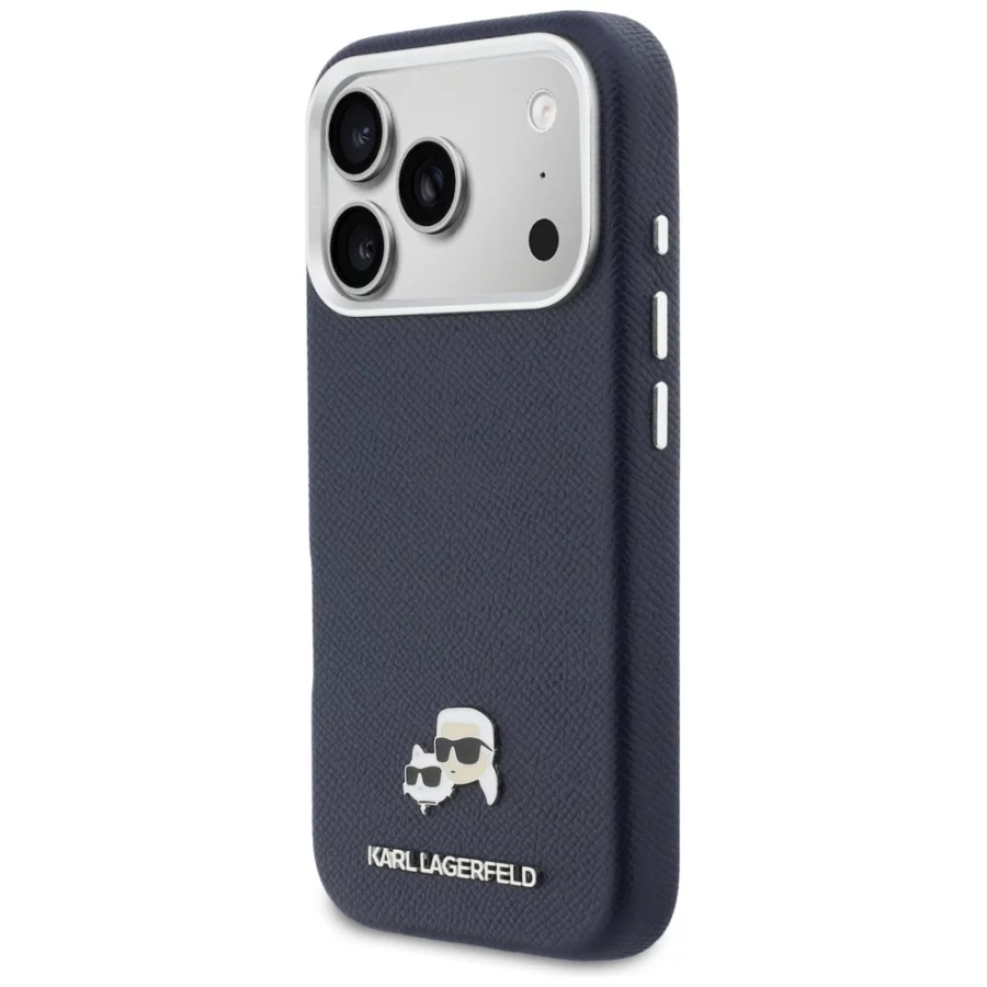 Etui Karl Lagerfeld Karl & Choupette Head Pins Saffiano MagSafe na iPhone 17 Pro - niebieskie
