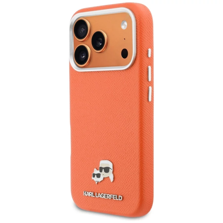 Etui Karl Lagerfeld Karl & Choupette Head Pins Saffiano MagSafe na iPhone 17 Pro - pomarańczowe