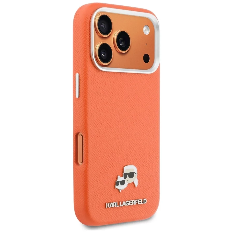 Etui Karl Lagerfeld Karl & Choupette Head Pins Saffiano MagSafe na iPhone 17 Pro - pomarańczowe