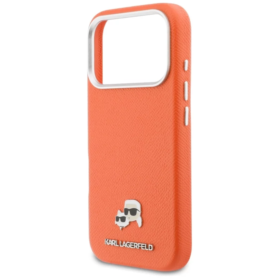 Etui Karl Lagerfeld Karl & Choupette Head Pins Saffiano MagSafe na iPhone 17 Pro - pomarańczowe