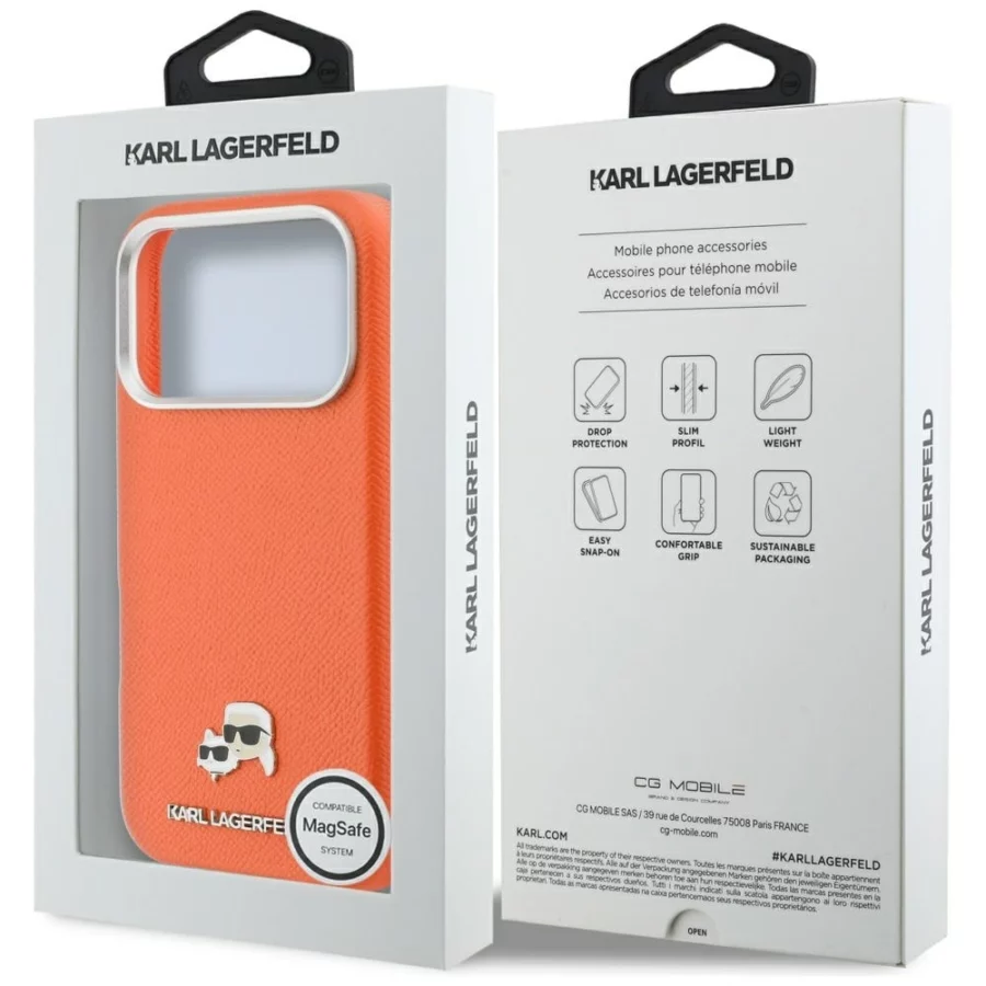 Etui Karl Lagerfeld Karl & Choupette Head Pins Saffiano MagSafe na iPhone 17 Pro - pomarańczowe