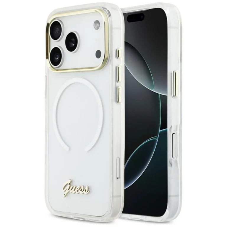 Etui Guess IML Gradient Script Metal MagSafe na iPhone 17 Pro - białe