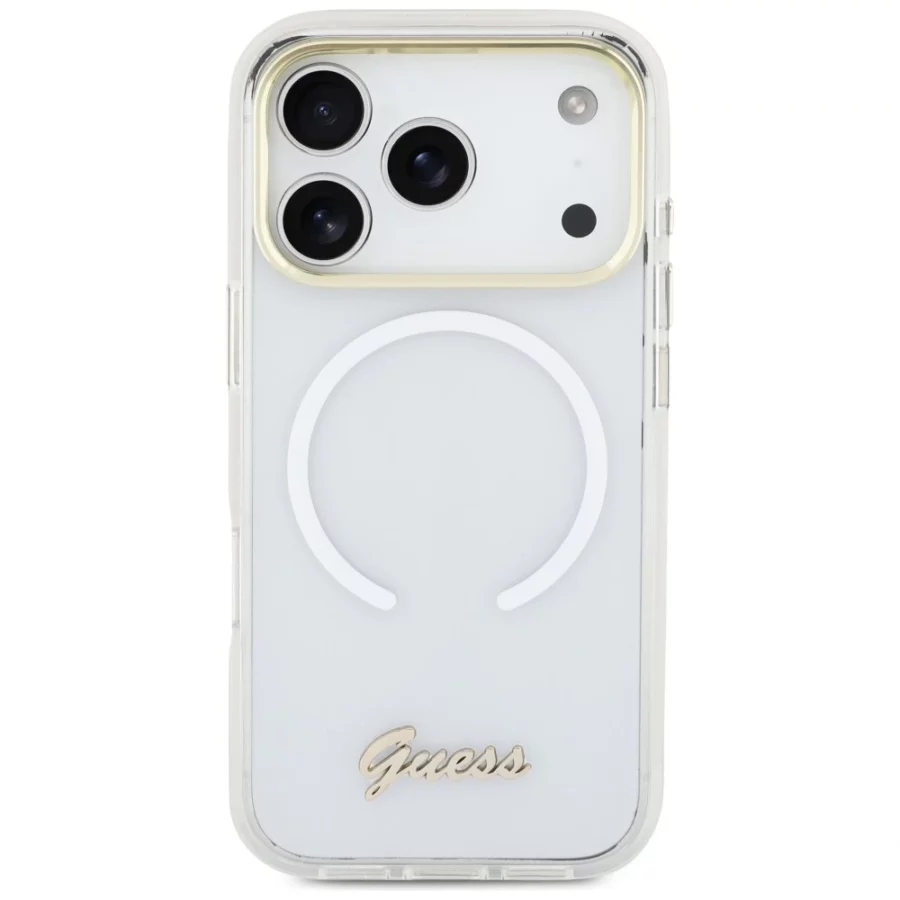 Etui Guess IML Gradient Script Metal MagSafe na iPhone 17 Pro - białe