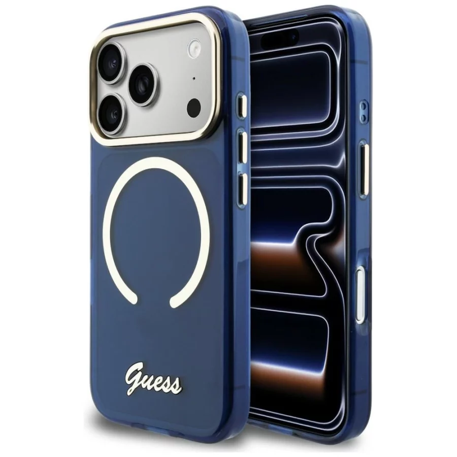 Etui Guess IML Script Metal MagSafe na iPhone 17 Pro Max - niebieskie