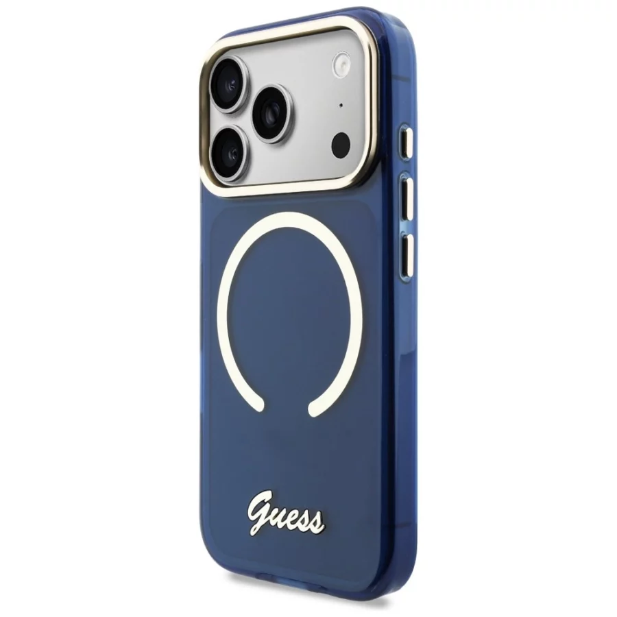 Etui Guess IML Script Metal MagSafe na iPhone 17 Pro Max - niebieskie