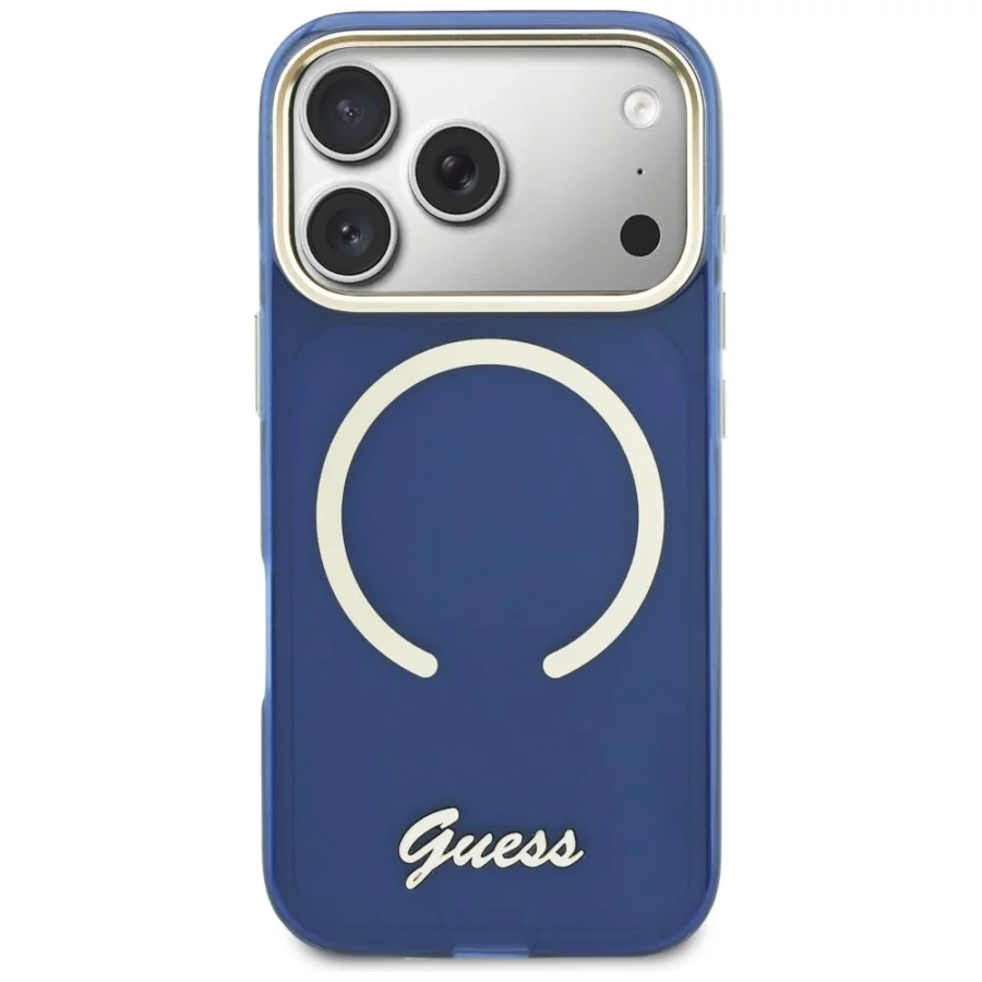 Etui Guess IML Script Metal MagSafe na iPhone 17 Pro Max - niebieskie