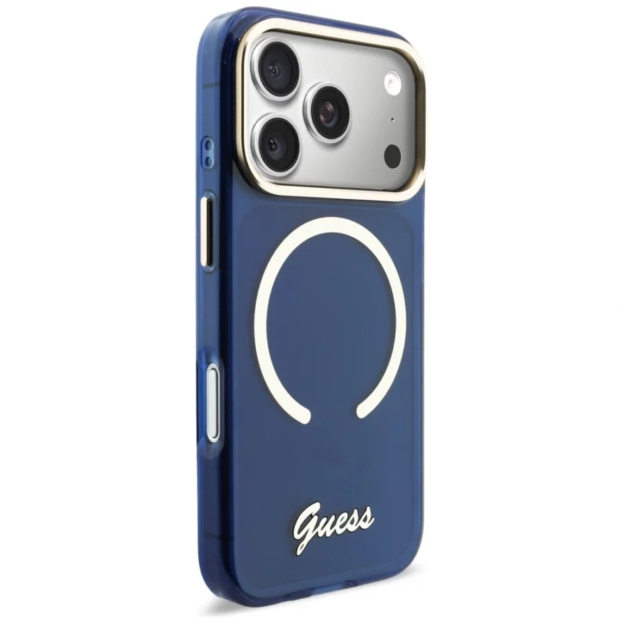 Etui Guess IML Script Metal MagSafe na iPhone 17 Pro Max - niebieskie