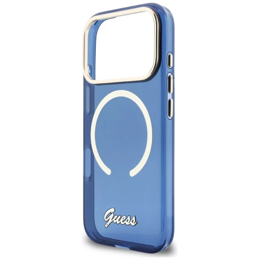 Etui Guess IML Script Metal MagSafe na iPhone 17 Pro - niebieskie