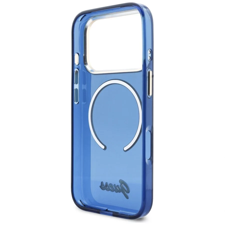 Etui Guess IML Script Metal MagSafe na iPhone 17 Pro - niebieskie