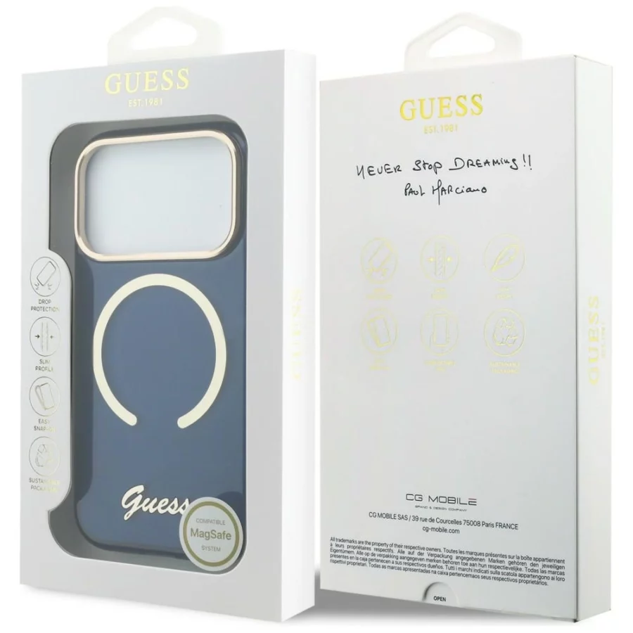 Etui Guess IML Script Metal MagSafe na iPhone 17 Pro - niebieskie
