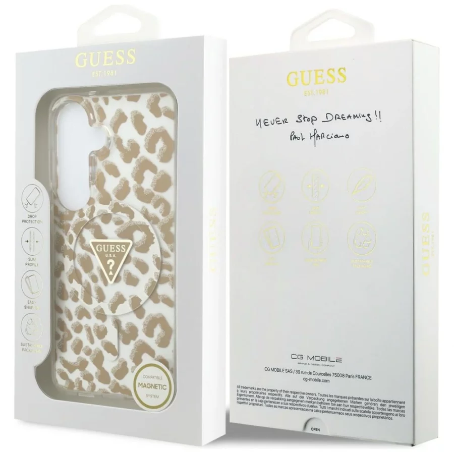 Etui Guess IML Leopard Print Triangle MagSafe na Samsung Galaxy S26 - brązowe