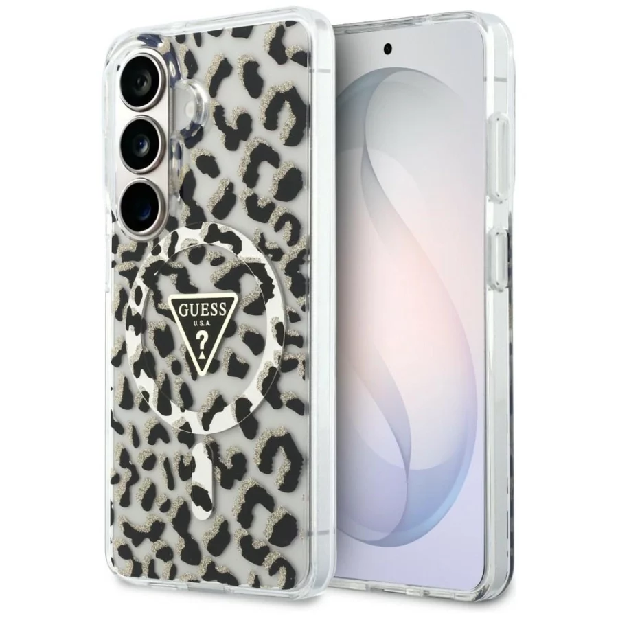 Etui Guess IML Leopard Print Triangle MagSafe na Samsung Galaxy S26 - czarne