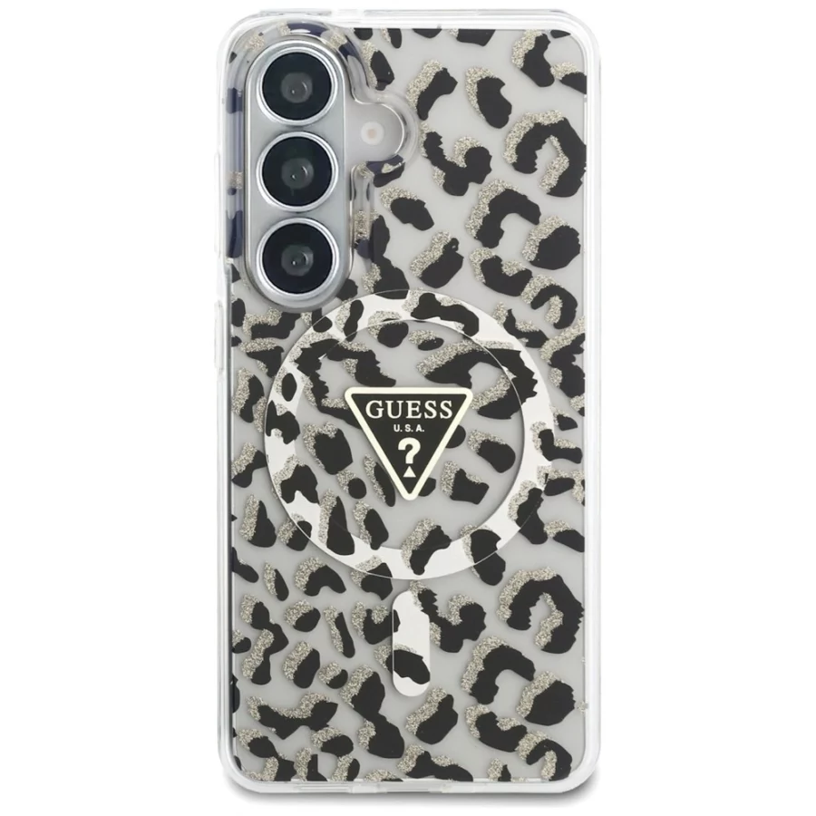 Etui Guess IML Leopard Print Triangle MagSafe na Samsung Galaxy S26 - czarne