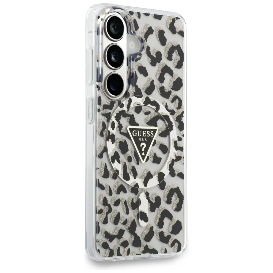 Etui Guess IML Leopard Print Triangle MagSafe na Samsung Galaxy S26 - czarne