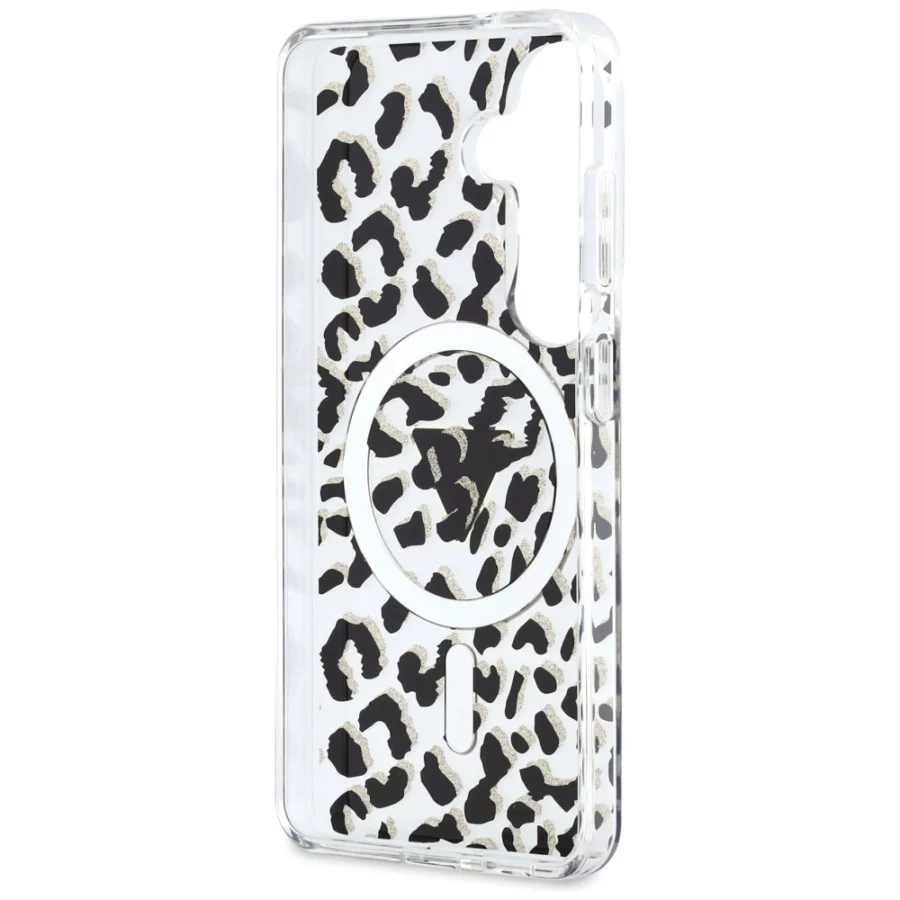 Etui Guess IML Leopard Print Triangle MagSafe na Samsung Galaxy S26 - czarne