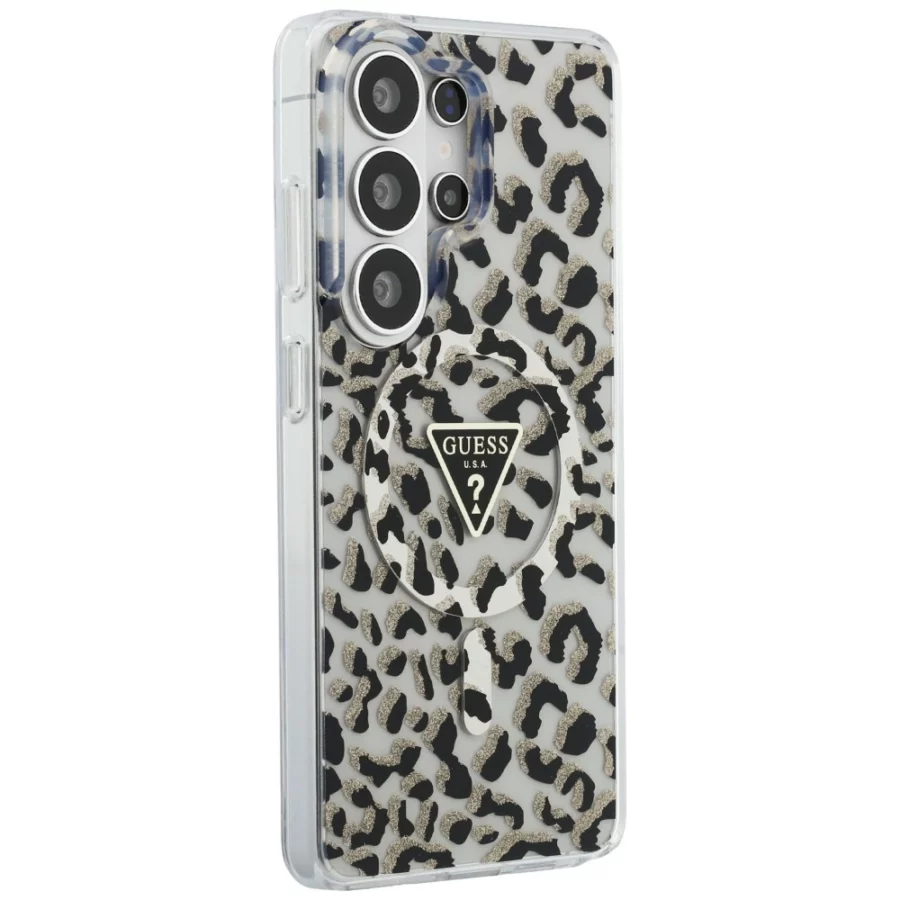 Etui Guess IML Leopard Print Triangle MagSafe na Samsung Galaxy S26 Ultra - czarne