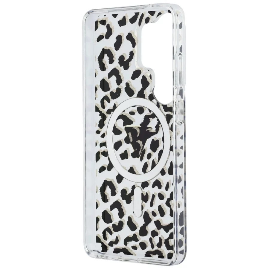 Etui Guess IML Leopard Print Triangle MagSafe na Samsung Galaxy S26 Ultra - czarne